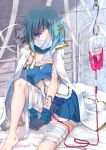  bandage_over_one_eye bandaged_face bandaged_leg bandages barefoot bed blood blood_bag blue_eyes blue_hair bow check_commentary cloak commentary_request fortissimo hair_bow hair_ornament highres hoshikage_wataru intravenous_drip magical_girl mahou_shoujo_madoka_magica mahou_shoujo_madoka_magica:_walpurgis_no_kaiten miki_sayaka musical_note musical_note_hair_ornament on_bed white_cloak 