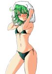  1girl absurdres bare_arms bikini black_bikini blush breasts cleavage closed_mouth commentary cowboy_shot english_commentary eyelashes front-tie_bikini_top front-tie_top frown green_eyes green_hair groin hair_between_eyes hands_up highres lips looking_at_viewer medium_hair midriff navel nose_blush one-punch_man redi_(rasec_asdjh) side-tie_bikini_bottom simple_background small_breasts solo standing stomach swimsuit tatsumaki thighs towel towel_on_head white_background 