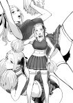  1girl absurdres ass bare_shoulders bent_over blush cheerleader commentary crop_top greyscale hair_ribbon hand_on_own_hip highres holding holding_pom_poms kyuuso_inukami looking_at_viewer medium_hair midriff miniskirt monochrome multiple_views navel original panties pantyshot pleated_skirt pom_pom_(cheerleading) ribbon simple_background skirt tank_top thighhighs twintails underwear upskirt white_background wrist_cuffs zettai_ryouiki 
