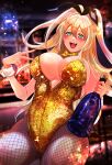  1girl absurdres alcohol animal_ears blonde_hair blush bottle bow bowtie breasts cleavage collar detached_collar fishnets goddess_of_victory:_nikke green_eyes gyaru hair_ribbon highres holding large_breasts leotard long_hair open_mouth rabbit_ears ribbon rupee_(nikke) smile solo tan teiten_kansoku_mitsuo v wine_bottle yellow_bow yellow_bowtie yellow_leotard 