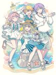  2boys 2girls bird bird_on_hand blonde_hair blue_eyes bubble canary coral dress green_hair hairband hat highres hitopm index_finger_raised jewelry kamishiro_rui kanaria_wa_kyuukyou_ni_utau_(project_sekai) kusanagi_nene lighthouse long_hair long_sleeves multicolored_hair multiple_boys multiple_girls necklace ootori_emu pink_eyes pink_hair project_sekai purple_eyes purple_hair rock seagull seashell shell shirt short_sleeves sidelocks standing standing_on_one_leg starfish streaked_hair sun_hat tenma_tsukasa water white_dress white_shirt wonderlands_x_showtime_(project_sekai) yellow_eyes 