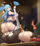  3girls :d after_vaginal aqua_(konosuba) armored_boots bare_shoulders black_hair black_thighhighs blonde_hair blue_eyes blue_footwear blue_hair blue_shirt blue_skirt blue_theme bodysuit boots breasts brown_bodysuit censored crop_top cum cum_in_pussy darkness_(konosuba) dress futa_with_female futanari hand_fan hands_up hat heart highres holding holding_fan huge_penis huge_testicles kono_subarashii_sekai_ni_shukufuku_wo! large_breasts long_sleeves megumin microskirt mosaic_censoring multiple_girls nipples no_pants open_mouth penis red_dress sex shirt sinensian skirt small_breasts smile testicles thigh_boots thighhighs torn_bodysuit torn_clothes vaginal white_thighhighs witch_hat 