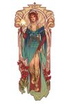  1girl absurdres art_nouveau artist_name blue_dress breasts character_name circlet cleavage dress flower flower_request full_body hannahartwork head_wreath highres magic medium_breasts red_flower red_hair solo standing the_witcher_(series) toeless_footwear triss_merigold white_background 