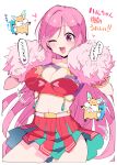  ;d blush breasts cleavage cleavage_cutout clothing_cutout highres himiya_jouzu holding holding_pom_poms large_breasts long_hair looking_at_viewer midriff monster_strike one_eye_closed pink_eyes pink_hair pom_pom_(cheerleading) pompadour red_skirt simple_background skirt smile speech_bubble very_long_hair white_background 