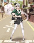  1girl absurdres asymmetrical_skirt belt black_hairband black_ribbon blue_eyes bob_cut bow_hairband crosswalk day glasses green_shirt grey_hair hair_ribbon hairband hakurei_fling highres king_boo konpaku_youmu konpaku_youmu_(ghost) leggings mario_(series) midriff_peek miniskirt outdoors print_shirt ribbon road shirt shoes short_hair skirt sneakers solo street t-shirt touhou watch white_hair white_leggings wristwatch 