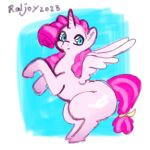  1:1 2023 ambiguous_gender big_butt blue_eyes butt dana_(raljoy) dated equid equine feral fur hair hooves horn mammal multicolored_hair pink_body pink_ears pink_fur pink_hair pink_horn pink_tail pink_wings quadruped raljoy signature smile solo tail two_tone_hair two_tone_tail winged_unicorn wings 