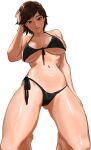  1girl absurdres bikini black_bikini breasts brown_eyes brown_hair cleavage closed_mouth collarbone highres kazama_asuka looking_at_viewer navel nutro shiny_skin short_hair simple_background smile solo stomach string_bikini swimsuit tekken tekken_7 white_background 