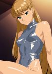  1girl aji_n blue_eyes breasts covered_nipples cowboy_shot grey_leotard gundam gundam_wing highleg highleg_leotard highres leotard light_brown_hair long_hair looking_at_viewer relena_peacecraft sitting small_breasts solo turtleneck_leotard 