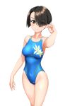  1girl absurdres black_hair blue_one-piece_swimsuit blurry blurry_background bob_cut breasts commentary_request competition_swimsuit covered_navel cowboy_shot floral_print girls_und_panzer green_eyes hair_over_one_eye highres inverted_bob medium_breasts multicolored_clothes multicolored_swimsuit one-piece_swimsuit short_hair simple_background solo swimsuit takafumi vanilla_(girls_und_panzer) variant_set white_background 