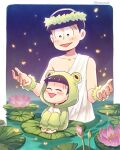  2boys animal_costume bug chibi closed_eyes dual_persona firefly frog_costume green_eyes honest_axe laurel_crown lily_pad male_focus matsuno_choromatsu meoon multiple_boys night night_sky open_mouth osomatsu-san robe sky toga triangle_mouth wading water_lily_flower 