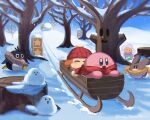  ^_^ artist_name bare_tree beanie bird blue_eyes blue_sky blush blush_stickers closed_eyes cloud corori day emp_(kirby) flower hat highres hill kirby kirby_(series) kogoesou leo_taranza no_humans open_mouth outdoors penguin polof pom_pom_beanie red_headwear red_scarf running scarf scenery sky smile snow snowball sparkle star_(symbol) star_block tree tree_stump twitter_username waddle_dee whispy_woods winter yellow_headwear yellow_scarf yuki_(kirby) 