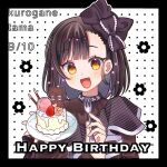  1girl :d asymmetrical_bangs black_border black_bow black_dress black_hair blunt_bangs blush border bow cake character_name commentary_request denonbu dress food fork fruit hair_bow hands_up happy_birthday highres holding holding_fork holding_plate kurogane_tama long_sleeves looking_at_viewer macaron mii_(mii_chan11) official_alternate_costume open_mouth plate pocky polka_dot polka_dot_background short_hair smile solo strawberry upper_body yellow_eyes 