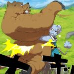  anthro bear bear_hug biped blue_body blush bodily_fluids brown_body chiu claws clothed clothing detailed_background dragon_quest dragon_quest:_the_adventure_of_dai duo hi_res hisashino kemono mammal mouse murid murine open_mouth outside rodent size_difference square_enix tears toe_claws tongue tongue_out 