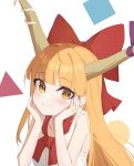  1girl blush bow buttons closed_mouth fang flat_chest hair_bow highres horns ibuki_suika long_hair looking_at_viewer oeyama oni_horns orange_eyes orange_hair red_bow shirt simple_background skin_fang smile solo torn_clothes torn_sleeves touhou upper_body white_background white_shirt 