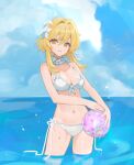  1girl alternate_costume ball bikini bisque blonde_hair breasts bright_pupils choker cleavage flower front-tie_bikini_top front-tie_top genshin_impact hair_flower hair_ornament hair_ribbon holding holding_ball large_breasts looking_at_viewer lumine_(genshin_impact) medium_hair outdoors ribbon side-tie_bikini_bottom sky solo swimsuit wading water white_bikini white_choker white_pupils yellow_eyes 