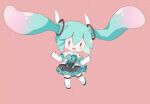  1girl :d bare_shoulders black_eyes blue_hair blue_skirt blush_stickers bow bowtie chibi collared_shirt commentary detached_sleeves floating_hair frilled_skirt frills full_body green_bow green_bowtie hatsune_miku head_wings legs_apart long_hair long_sleeves looking_at_viewer magical_mirai_(vocaloid) magical_mirai_miku magical_mirai_miku_(2017) miniskirt open_mouth pink_background romaji_commentary shirt simple_background skirt smile solid_eyes solo sunfish3939 thighhighs twintails very_long_hair vocaloid white_shirt white_sleeves white_thighhighs wings zettai_ryouiki 