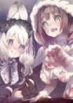  2girls :d :q animal_ears black_gloves black_vest blood blood_on_clothes braid brown_hair capelet center_frills closed_mouth ech fangs frills gloves grey_eyes grey_hair hair_over_shoulder halloween highres holding hood hood_up hooded_capelet long_hair low_twintails multiple_girls original purple_eyes rabbit_ears shirt skirt smile tongue tongue_out twin_braids twintails vest white_capelet white_gloves white_shirt white_skirt 