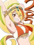  1girl arabian_clothes armpits blonde_hair breasts eyes_visible_through_hair green_streaks hair_ornament hair_over_one_eye highres hoken0309 long_hair multicolored_hair nikaidou_saki orange_eyes orange_hair simple_background small_breasts smile solo standing very_long_hair white_background zombie_land_saga 