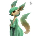  2023 absurd_res anthro artist_name blulesnsfw breasts brown_eyes cheek_tuft clothed clothing digital_media_(artwork) eeveelution facial_tuft fakemon female fingers fusion gardevoir generation_3_pokemon generation_4_pokemon green_clothing green_hair green_topwear hair hand_on_breast hi_res hybrid hybrid_pokemon leaf leafeon looking_at_viewer nintendo one_eye_obstructed open_mouth pokemon pokemon_(species) pokemon_fusion signature simple_background solo tail topwear tuft 