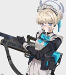  1girl absurdres apron artist_name assault_rifle bandage_on_face bandages black_dress black_gloves blonde_hair blue_archive blue_bow blue_bowtie blue_eyes bow bowtie dress fingerless_gloves gar32 gloves grey_background gun h&amp;k_g11 highres injury looking_at_viewer maid maid_apron maid_headdress rifle science_fiction serious solo toki_(blue_archive) weapon white_apron white_headdress 