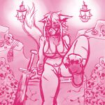  absurd_res anthro bikini blood bodily_fluids breasts canid canine clothing digital_media_(artwork) dungeon eye_scar facial_scar female fox fur hair hi_res lonely mammal melee_weapon micro_bikini muzzle_(object) muzzled nipples paws scar simple_background sketch solo submissive swimwear sword tail vimneib_(artist) warrior weapon 