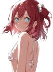  1girl aqua_eyes bare_arms bare_shoulders bikini blush borgbutler breasts closed_mouth hair_between_eyes highres kurosawa_ruby looking_at_viewer love_live! love_live!_sunshine!! medium_hair red_eyes simple_background small_breasts smile solo swimsuit two_side_up upper_body white_background white_bikini 