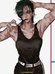  1girl arm_up armpits artist_name belt black_pants black_shirt earrings fingernails glasses green_hair hair_over_one_eye highres jewelry jujutsu_kaisen looking_at_viewer muscular muscular_female pants scar scar_on_arm scar_on_chest scar_on_face scar_on_neck shirt short_hair sleeveless sleeveless_shirt solo yellow_eyes zen&#039;in_maki zu_yuan_cesar 