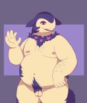  2023 4_fingers anthro arm_hair balls belly big_belly biped body_hair chest_hair deadrena facial_hair fingers flaccid foreskin fur generation_8_pokemon genitals geometric_background glans hi_res hisuian_form hisuian_typhlosion humanoid_genitalia humanoid_penis looking_at_viewer male navel nintendo nipples nude open_mouth overweight overweight_anthro overweight_male penis pink_nipples pokemon pokemon_(species) portrait prick_ears pubes purple_background purple_body purple_eyelids purple_fur red_eyes regional_form_(pokemon) simple_background small_balls small_penis solo standing tan_body tan_fur three-quarter_portrait tyson_(deadrena) 