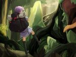  1girl ahoge alternate_costume backpack bag black_footwear boots commentary_request day falling fantasy foot_up forest from_behind giant giant_monster grey_shirt grey_skirt hair_tubes knee_boots monster nature outdoors purple_hair shirt short_hair_with_long_locks short_sleeves skirt sleeping_bag solo toromera tree vocaloid voiceroid yuzuki_yukari 