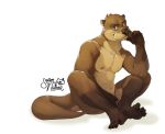  2023 anthro arm_support brown_body brown_fur butterfly_sitting covering covering_crotch digital_media_(artwork) feet full-length_portrait fur hand_on_chin hi_res humanoid_feet leaning_on_elbow looking_at_viewer male mammal mike_(rudderbutts) multicolored_body mustelid nipples nude otter pecs pinup plantigrade portrait pose river_otter signature simple_background sitting skrawl solo tail two_tone_body whiskers white_background 