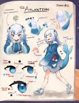  1girl blue_eyes blue_hair blue_hoodie book clothes_removed color_guide diamond-shaped_pupils diamond_(shape) english_text fins fish_tail food gawr_gura gills hair_ornament hairpin hololive hololive_english hood hood_down hoodie hoodie_removed long_hair multicolored_hair onigiri open_book shark_hair_ornament shark_print shark_tail shoes shrimp sleeves_past_wrists sneakers solo streaked_hair symbol-shaped_pupils tail taiyo_sketches white_footwear white_hair 