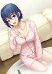  1girl bed blue_eyes blue_hair blush breasts ciel_(tsukihime) cleavage collarbone commentary_request dated glass_table hair_between_eyes indoors looking_at_viewer medium_breasts mixed-language_commentary miyai_sen official_alternate_costume on_floor open_mouth pajamas pink_pajamas short_hair sitting smile solo sweat table tsukihime tsukihime_(remake) 