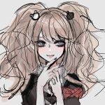  1girl :d bear_hair_ornament black_shirt blonde_hair bow danganronpa:_trigger_happy_havoc danganronpa_(series) enoshima_junko grey_eyes hair_ornament hands_up highres long_hair messy_hair naruse_(nal1525) open_mouth own_hands_together red_bow shirt simple_background smile solo twintails unfinished upper_body white_background 
