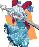  1girl 9302w_(user_wjpg8475) arms_up bangs bare_shoulders blue_dress breasts dress foot_out_of_frame grey_hair highres horn_ornament horn_ribbon horns medium_breasts medium_hair pointy_ears red_eyes ribbon sharp_teeth teeth touhou toutetsu_yuuma 