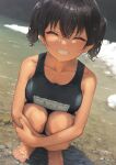  1girl ^_^ barefoot black_hair black_one-piece_swimsuit breasts cleavage clenched_teeth closed_eyes gaki_kyonyuu highres kaedeko_(kaedelic) large_breasts one-piece_swimsuit oppai_loli outdoors sasaki_kanna_(kaedeko) school_swimsuit short_hair solo squatting swimsuit tan teeth twintails water wet wet_hair 