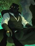  absurd_res anthro black_body black_fur chair clothing cross dreadlocks felid fur furniture glowing glowing_eyes gold_(metal) gold_jewelry hi_res horus_wild jewelry kraaisha kraaishaa lion male mammal muscular muscular_anthro muscular_male office office_chair pantherine ring solo suit 