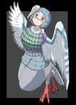  1girl arutarufu bare_shoulders bird_legs bird_tail blue_hair blush digitigrade feathered_wings feathers harpy highres looking_at_viewer mask mask_on_head monster_girl original red_eyes short_hair simple_background smile solo tail tail_feathers talons two-tone_wings winged_arms wings 