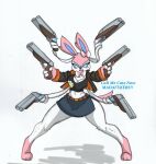  anthro big_breasts blush bottomwear breasts clothing eeveelution english_text female generation_6_pokemon gun hi_res jacket miniskirt nintendo pace-maker pokemon pokemon_(species) ranged_weapon skirt small_waist solo sylveon text thick_thighs topwear weapon wide_hips 