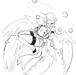  4_wings angel armwear clothing cross elbow_gloves eyes_closed flying gloves halo handwear humanoid legwear male monochrome multi_wing one_eye_obstructed raziel_(senatorwong) senatorwong simple_background sketch solo thigh_highs white_background wings 