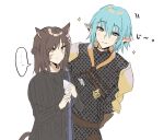  ... 1boy 1girl animal_ears armor black_sweater blue_eyes blue_hair blush brown_hair cat_ears cat_girl cat_tail chainmail closed_mouth ear_piercing final_fantasy final_fantasy_xiv hair_between_eyes hair_bun haurchefant_greystone kinona leaning_to_the_side long_sleeves miqo&#039;te orange_eyes piercing pointy_ears puffy_long_sleeves puffy_sleeves ribbed_sweater simple_background single_side_bun sleeves_past_wrists smile sparkle spoken_ellipsis sweater tail white_background 