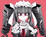  1girl after_ejaculation black_hair black_jacket blunt_bangs blush bonnet bukkake celestia_ludenberg claw_ring colored_skin commentary_request cum cum_on_clothes cum_on_hair cum_on_hands cup danganronpa:_trigger_happy_havoc danganronpa_(series) drill_hair earrings facial fingernails frills gothic_lolita grey_nails grin highres holding holding_cup jacket jewelry kobayashi_tetsuya lolita_fashion long_hair long_sleeves nail_polish necktie red_background red_eyes red_necktie ringed_eyes shirt simple_background smile solo straight_hair teacup twin_drills twintails upper_body white_shirt white_skin 