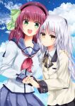  2girls :d angel_beats! black_hairband blue_sailor_collar blue_sky blush bow closed_mouth cloud commentary_request cowboy_shot eyelashes eyes_visible_through_hair green_bow green_eyes hair_between_eyes hair_bow hairband hand_on_another&#039;s_shoulder heads_together highres holding_hands hug jacket light_particles long_hair long_sleeves looking_at_viewer medium_hair multiple_girls nakamura_yuri neck_ribbon neckerchief open_mouth outdoors pink_neckerchief ribbon sailor_collar sakura_(kasupi) shinda_sekai_sensen_uniform shirt short_ponytail side-by-side sidelocks sky smile standing straight_hair tachibana_kanade teeth upper_teeth_only white_shirt yellow_eyes yellow_jacket yellow_ribbon 