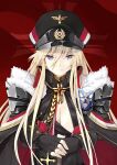  1girl azur_lane bismarck_(azur_lane) bismarck_(beacon_of_the_iron_blood)_(azur_lane) bismarck_(coat_of_arms) black_gloves blonde_hair breasts cane cape coat_of_arms commentary_request cross fingerless_gloves flag flag_background fur_trim gloves hair_between_eyes hat highres holding iwasaki_takashi large_breasts long_hair long_sleeves looking_at_viewer military military_hat military_uniform solo uniform 