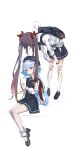  2girls absurdres ahoge alternate_costume aqua_hair arm_support backpack bag belt bent_over black_bow black_bowtie black_nails black_skirt blue_eyes boo_tao_(genshin_impact) bow bowtie brown_hair collared_shirt commentary contemporary cup drop-shaped_pupils furina_(genshin_impact) genshin_impact ghost hair_between_eyes hat heterochromia highres holding holding_cup holding_plate hu_tao_(genshin_impact) long_hair long_sleeves looking_at_another low_twintails mary_janes mismatched_pupils multiple_girls nail_polish plate pleated_skirt qixia school_hat school_uniform shirt shoes sidelocks simple_background sitting sketch skirt socks tea teacup translation_request twintails white_shirt white_socks 