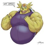  absurd_res anthro anthrofied armadillomon bandai_namco belly biceps blueblaster bust_portrait digimon digimon_(species) english_text green_eyes hi_res male musclegut muscular_arms pecs portrait simple_background solo surprise text white_background yellow_body 