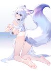  1girl absurdres animal_ears antenna_hair ass barefoot black_collar black_panties breasts collar cross_pasties extra_ears feet fluffy fox_ears fox_tail from_behind grey_hair hair_between_eyes hair_intakes highres kirby_d_a large_breasts legs long_hair looking_at_viewer looking_back original panties pasties purple_eyes soles solo tail toes underwear very_long_hair 