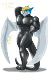  2:3 absurd_res anthro blush breasts bulge clothed clothing digital_media_(artwork) dragon glowing hi_res invalid_tag kink kinktober kryzyasha latex looking_at_viewer male muscular muscular_male rubber rubber_clothing rubber_suit skinsuite solo suit tail wings 