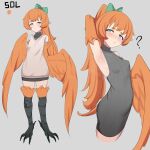  1girl ? absurdres armpits bird_legs bird_tail black_sweater blue_eyes blush breasts character_name commentary dress green_ribbon grey_background hair_ribbon harpy highres long_hair monster_girl multiple_views orange_feathers orange_hair orange_wings original pointy_ears ponytail ribbed_sweater ribbon simple_background sleeveless sleeveless_sweater sleeveless_turtleneck small_breasts sol_(thus0) sweater sweater_dress tail talons thus0thus turtleneck turtleneck_sweater winged_arms wings 