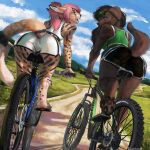  anthro bicycle bike_shorts black_hair bottomwear canid canine canis clothing domestic_dog duo eleacat felid feline female female/female hair mammal pawpads pink_hair scenery serval shorts tight_bottomwear tight_clothing tight_shorts 