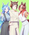  3girls ;) absurdres ahoge alternate_costume animal_ears black_skirt blue_hair brown_hair byerley_turk_(umamusume) dark-skinned_female dark_skin darley_arabian_(umamusume) ear_covers facing_viewer godolphin_barb_(umamusume) green_background green_eyes grey_shirt highres horse_ears horse_girl horse_tail jacket long_hair long_sleeves looking_at_viewer multicolored_hair multiple_girls one_eye_closed pants red_hair shirt short_hair simple_background skirt smile tail tamayume two-tone_hair umamusume white_pants white_shirt 